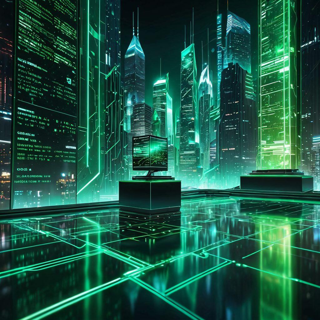A radiant green emerald floating in a digital matrix, symbolizing its potential, surrounded by diverse web design elements such as coding scripts, digital tools, and network connections orbiting around it. The background features a futuristic cityscape with holographic screens and data streams. vibrant colors. super-realistic.