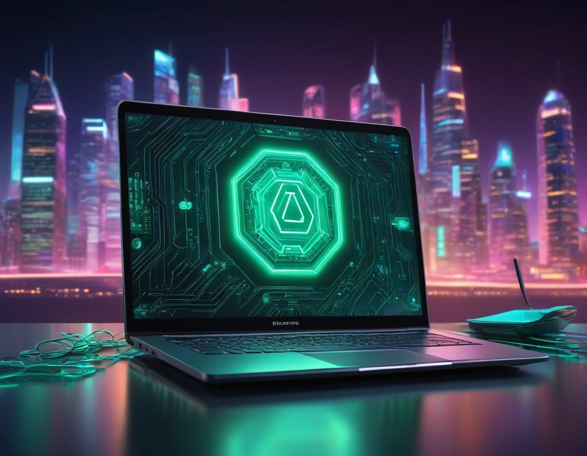 A modern, sleek laptop with a glowing emerald logo on its screen, surrounded by futuristic web development tools like code snippets, UX design elements, and data analytics. The background features a digital cityscape with neon lights and reflections. Super-realistic. Vibrant colors. Futuristic style.